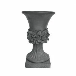 Noble House Calliope 11.75 in. x 11.75 in. Antique Grey Lightweight Concrete Outdoor Garden Urn Planter with Floral Accents