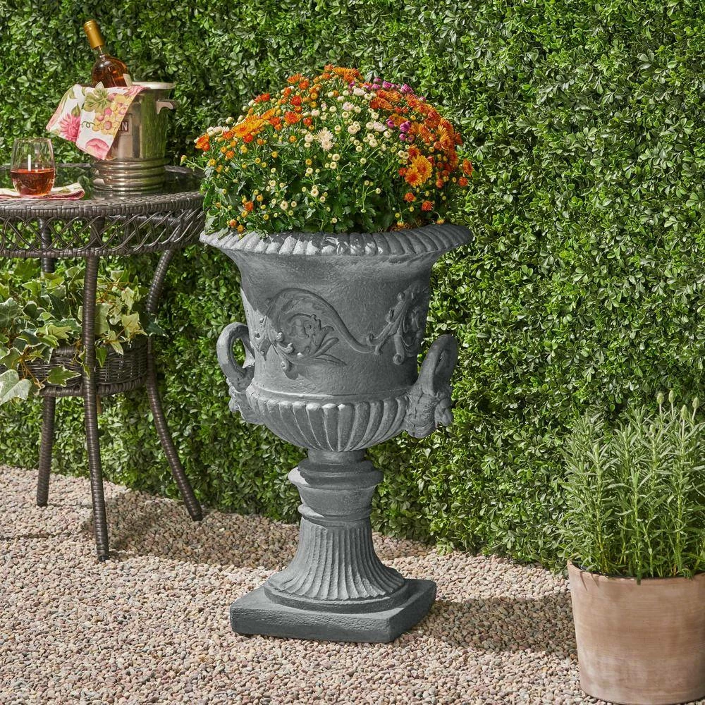Noble House Adonis 18.75 in. x 18.75 in. Antique Grey Lightweight Concrete Outdoor Garden Urn Planter with Lion and Floral Accents 6 Noble House Adonis 18.75 in. x 18.75 in. Antique Grey Lightweight Concrete Outdoor Garden Urn Planter with Lion and Floral Accents - Image 6