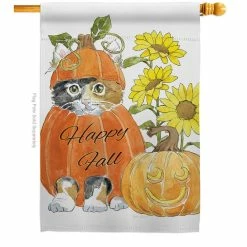 Breeze Decor 28 in. x 40 in. Happy Pumpkin Kitty Fall House Flag Double-Sided Decorative Vertical Flags