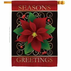 Breeze Decor 28 in. x 40 in. Seasons Greetings Poinsettia Christmas House Flag Double-Sided Winter Decorative Vertical Flags