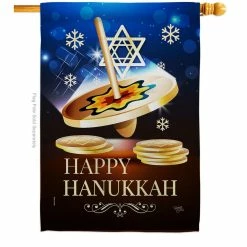 Breeze Decor 28 in. x 40 in. Happy Hanukkah Dreidel House Flag Double-Sided Winter Decorative Vertical Flags