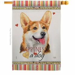 Breeze Decor 28 in. x 40 in. Pembroke Welsh Corgi Happiness House Flag Double-Sided Readable Both Sides Animals Dog Decorative