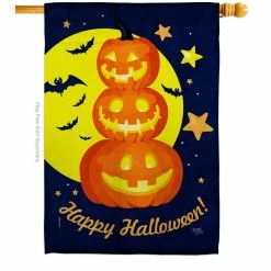 Breeze Decor 28 in. x 40 in. Pumpkin Trio House Flag Double-Sided Readable Both Sides Fall Halloween Decorative
