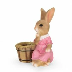 Noble House Ello me 19.75 in. Tall Brown and Pink Concrete Lightweight Rabbit Planter