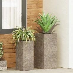 Noble House Tengren 24 in. and 20 in. Tall Brown Wood Lightweight Concrete Outdoor Planter Set -Breeze Decor Sales Store brown wood noble house plant pots 108240 31 1000