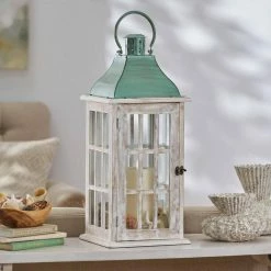 Noble House Scio 24.5 in. Green Patina Mango Wood Decorative Lantern