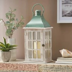 Noble House Scio 22 in. White and Green Patina Mango Wood Decorative Lantern