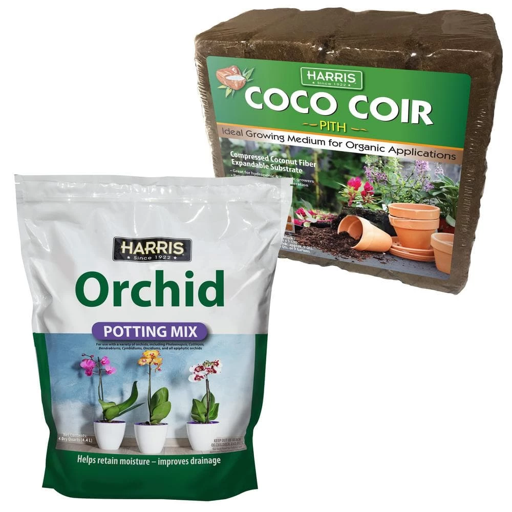 Harris 9 Gal. Expanding Coco Coir Pith (4 Brick pack) & 4 Qt. Premium Orchid Potting Mix 1 Harris 9 Gal. Expanding Coco Coir Pith (4 Brick pack) & 4 Qt. Premium Orchid Potting Mix