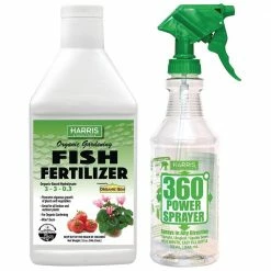 Harris 32 oz. Organic Gardening Liquid Fish Fertilizer and 360-Degree All Angle Professional Spray Bottle Value Pack