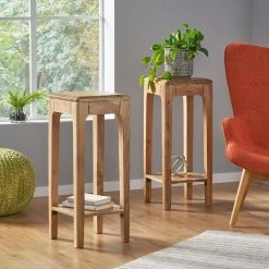 Noble House Arlene 29 in. Square Natural Wood Indoor Plant Stand (2-Pack) -Breeze Decor Sales Store natural noble house plant stands 104480 fa 1000
