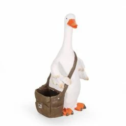 Noble House Biddle 27.5 in. Tall White and Brown Concrete Lightweight Goose Planter
